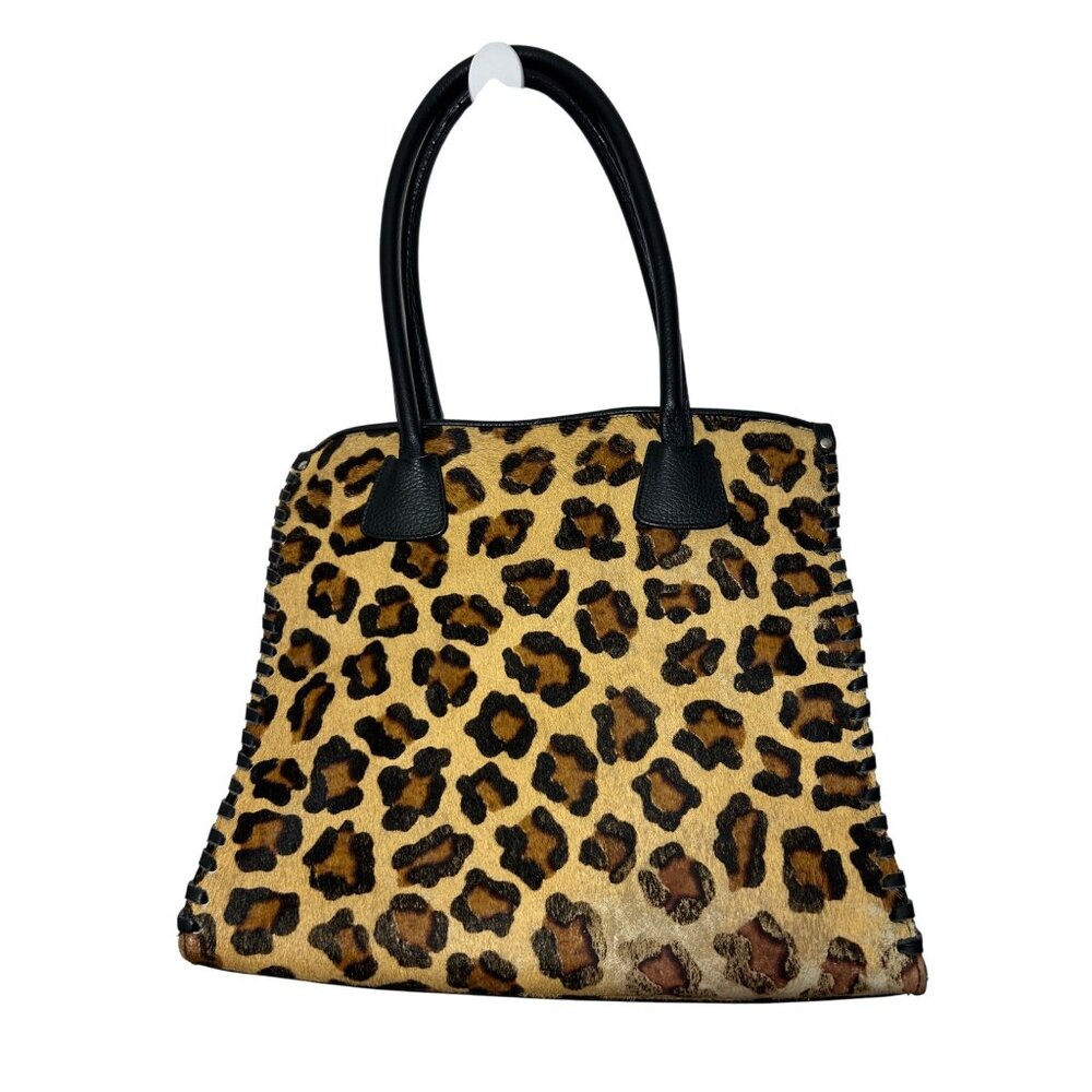 Claudia Firenze Leopard Print Calf Hair Black Leather Tote Vtg Italy Double Hand